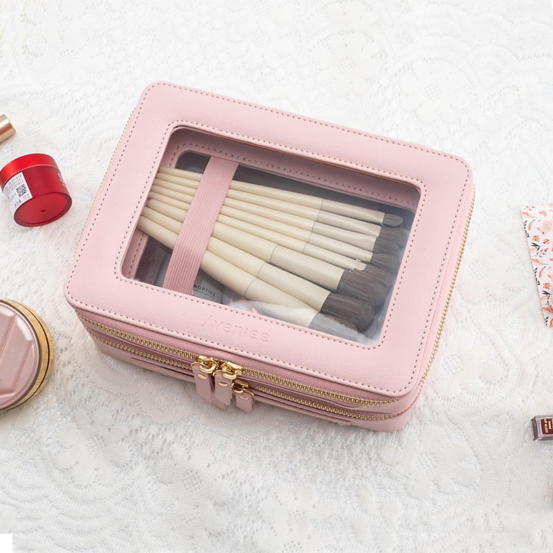Aveniee XL Clear Makeup Organizer,Double Layer Travel Cosmetic Case with Brush Holder & Zippered Compartments, Large Toiletry Bag Train Case for Women,2 Layers, Pink - Image 5